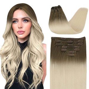 14" 100% Human Hair Clip In Extensions 7pcs 120g Ombre #8T60